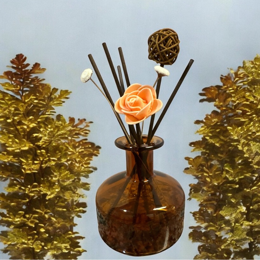 Fuzzy Patchouli, Brown Glass Diffuser with Orange Rose